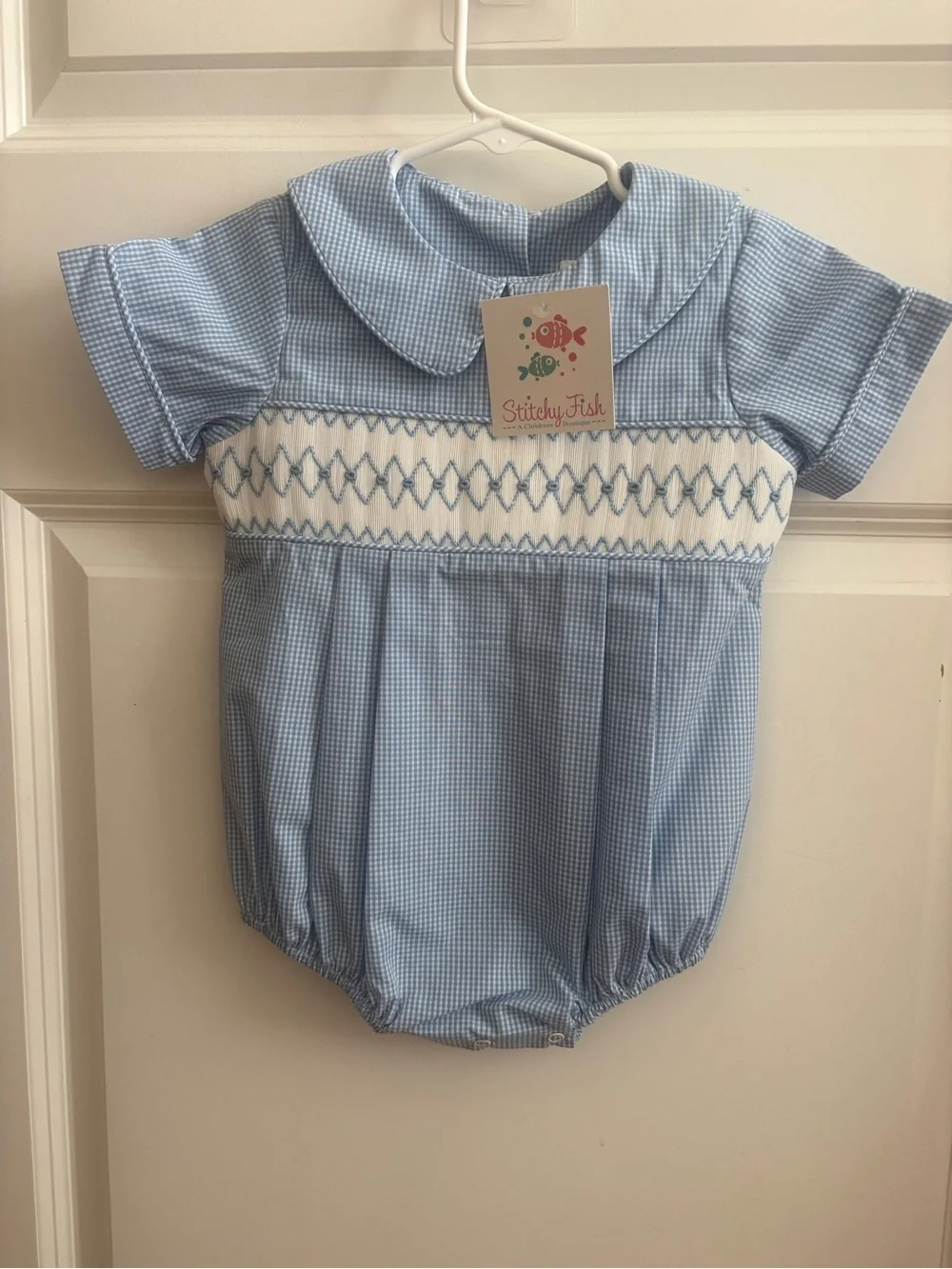 NWT Smocked Blue Gingham Bubble Baby Boy 18m Stichy Fish